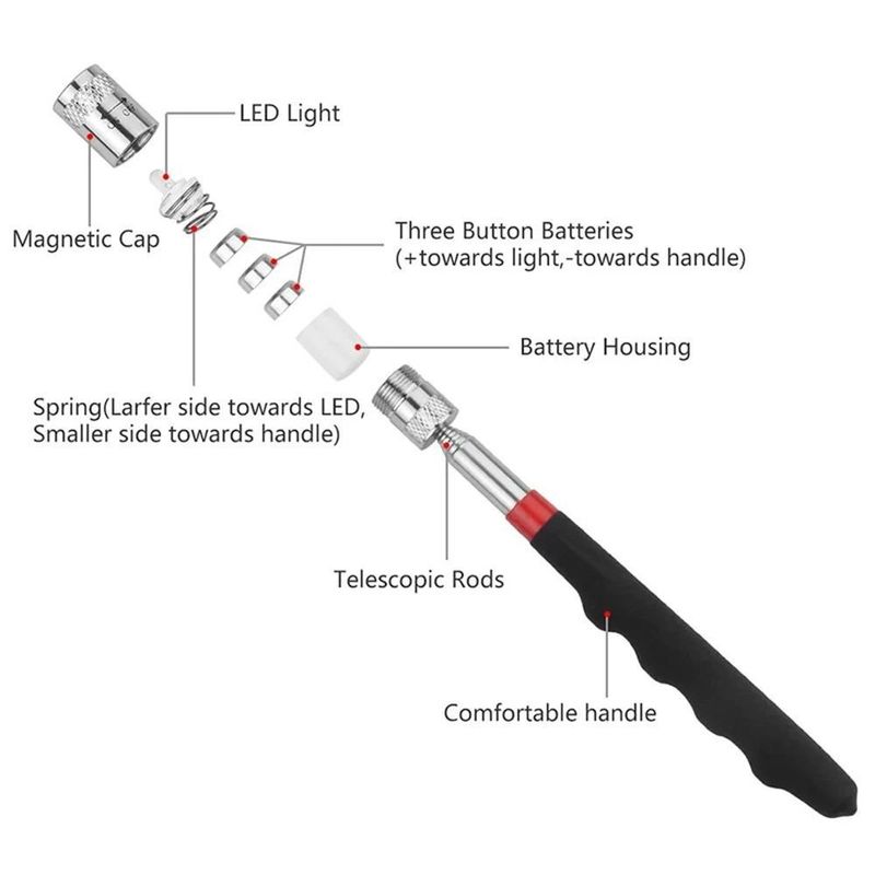Telescopic Magnetic Pen with Light Mini Portable Magnet Pick up Tool Extendable Pickup Rod Stick for Picking (Cây bút từ xa có thể mở rộng)